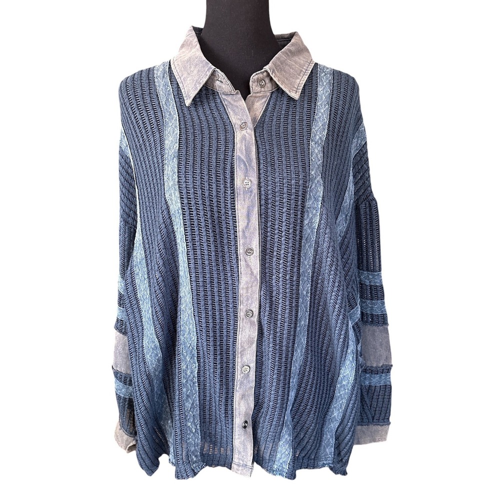 POL Oversized Blue Mixed Media Button-Down Shirt, Small, Boho Chic, Cottagecore
